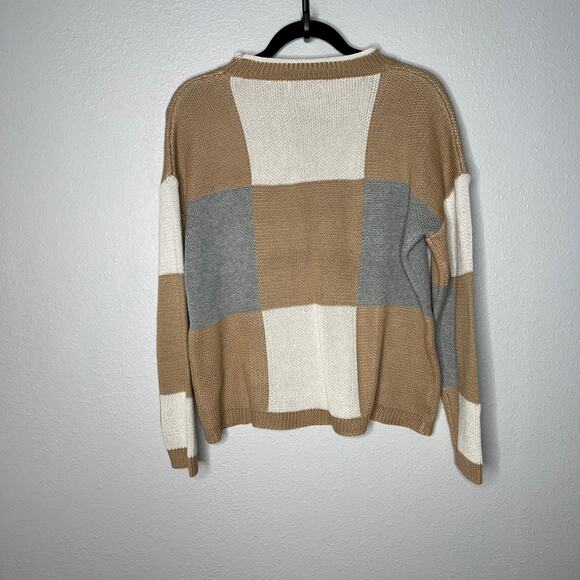 Paper Crane Plaid Knit Oversize Colorblock Sweater Brown Pullover Crew Neck Sz M - Picture 3 of 5